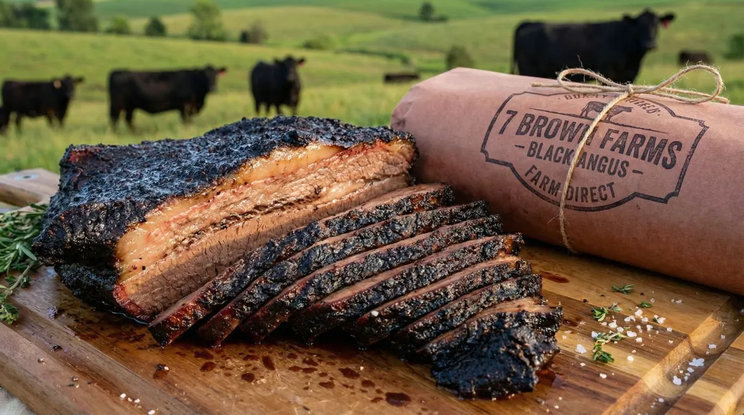 7 Brown Farms Black Angus brisket showing visible marbling and packaging ready to ship