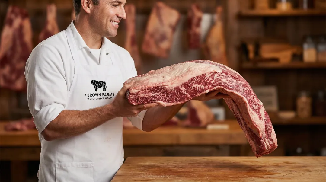Pitmaster performing brisket bend flex test at butcher counter before purchase