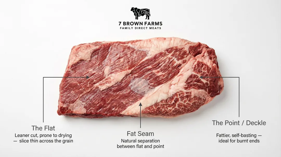 Beef brisket anatomy diagram showing flat point and full packer cut