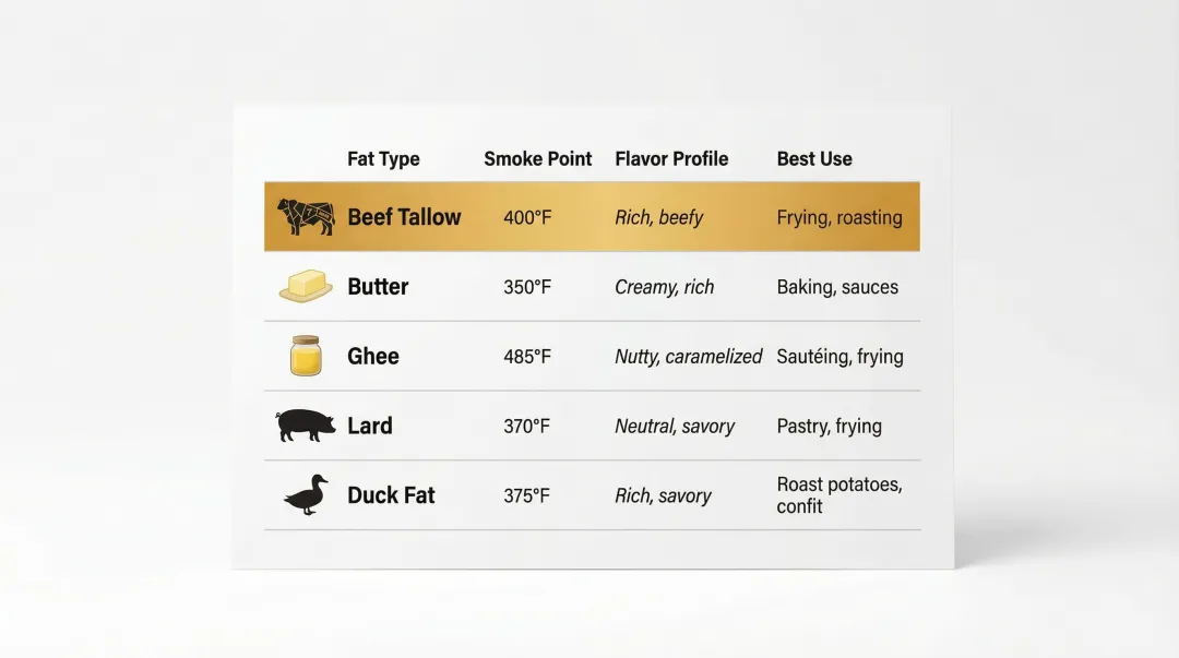 Five cooking fats comparison chart smoke point flavor profile and best use