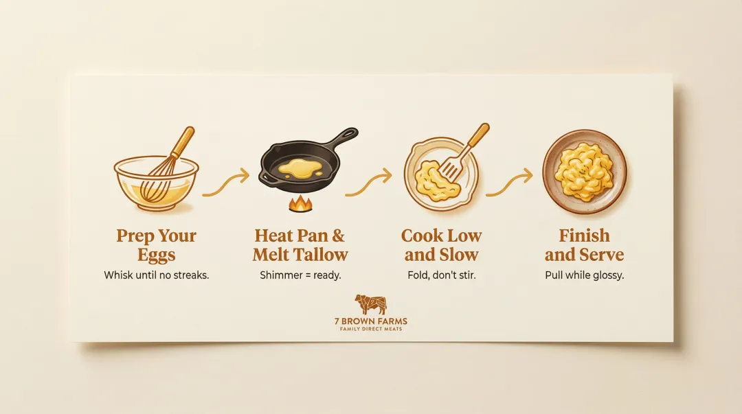 4-step scrambled eggs with beef tallow cooking process flow infographic