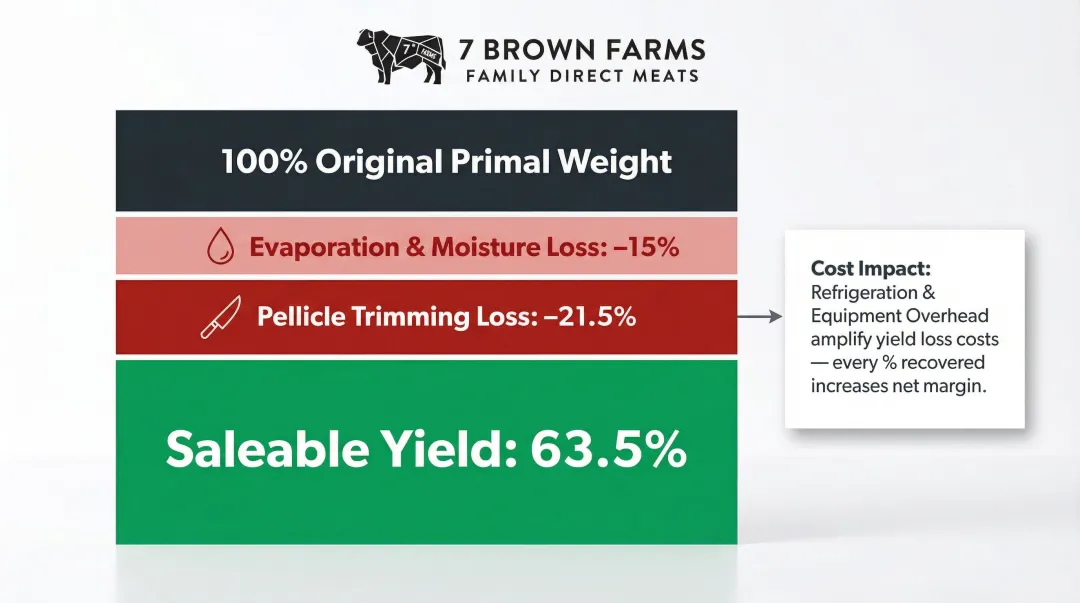 Dry-aged ribeye yield loss breakdown showing cost factors and saleable weight percentage