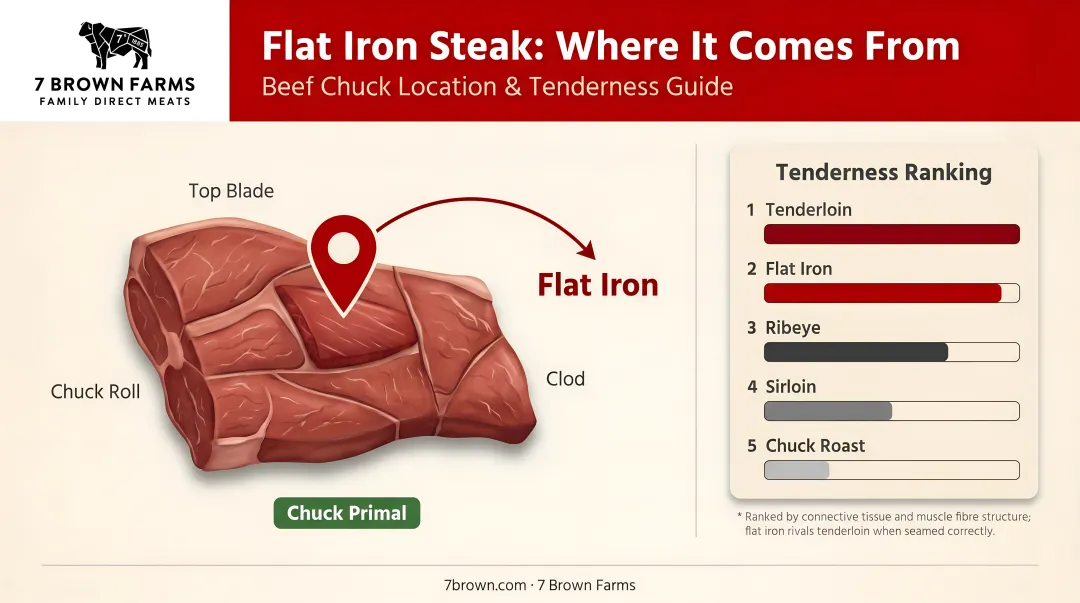 Flat iron steak cut location on beef chuck diagram with tenderness ranking