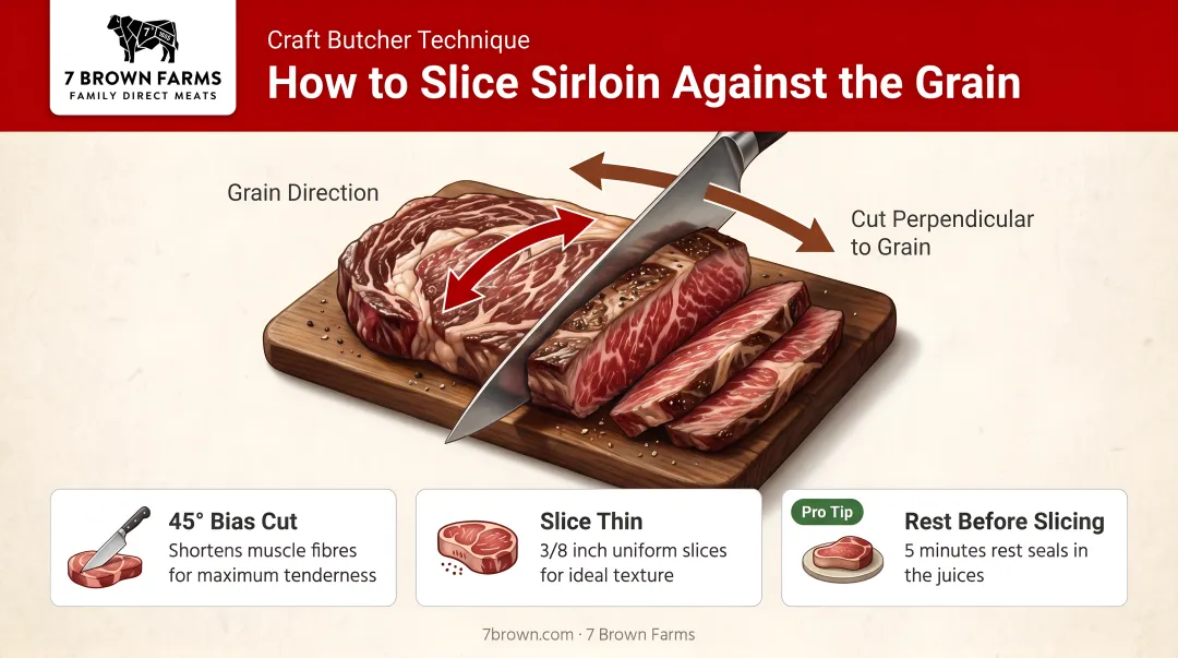 Slicing sirloin steak against the grain technique on cutting board