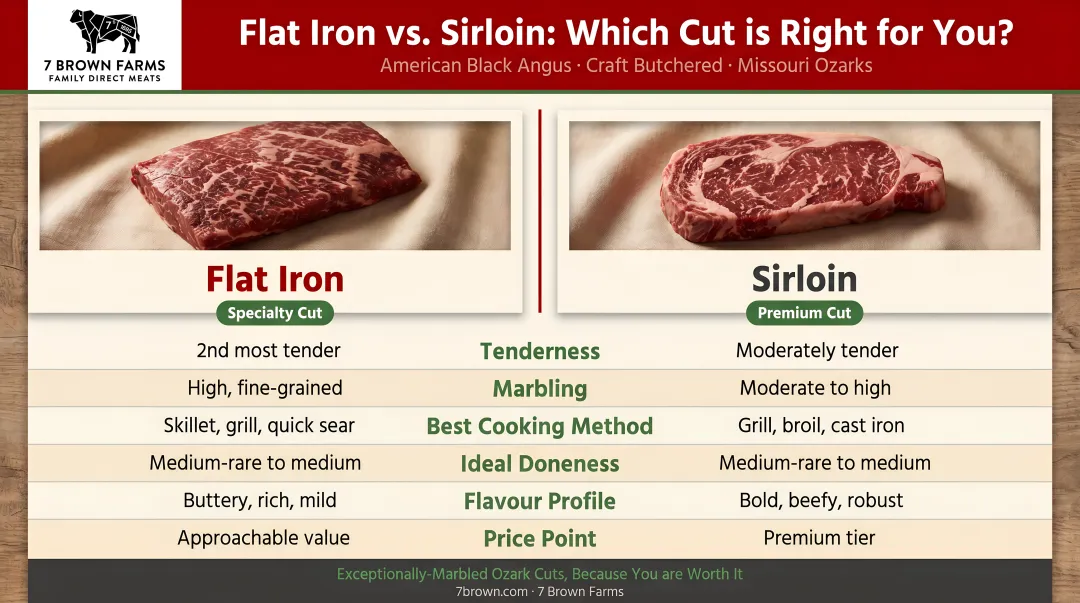 Flat iron versus sirloin steak side-by-side comparison infographic with key differences
