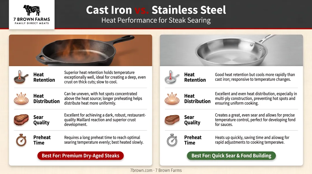 Cast iron versus stainless steel pan heat performance comparison for steak searing