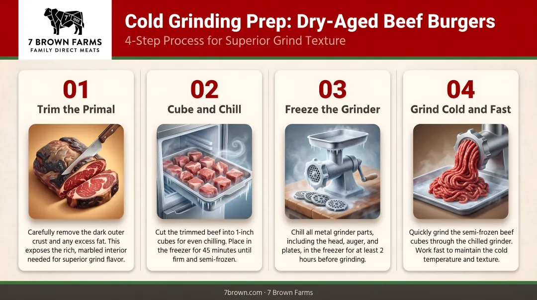 4-step cold grinding prep process for dry-aged beef burgers