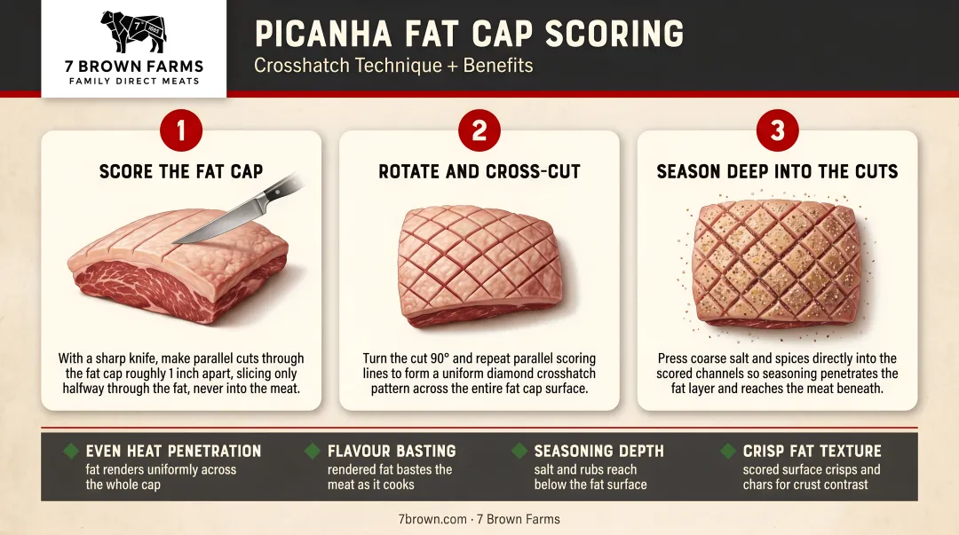 Three-step picanha fat cap scoring crosshatch technique and benefits diagram