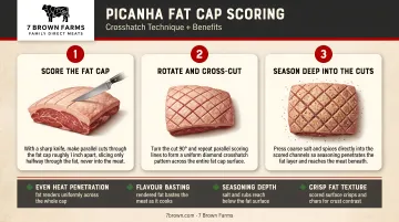 Three-step picanha fat cap scoring crosshatch technique and benefits diagram