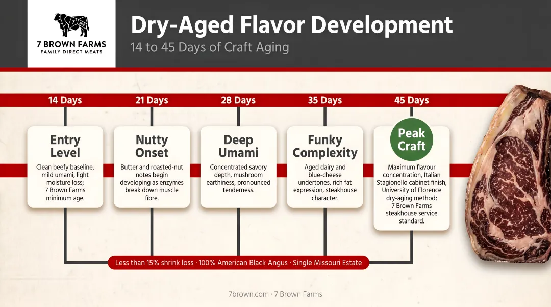Dry-aged beef flavor development timeline from 14 to 45 days aging