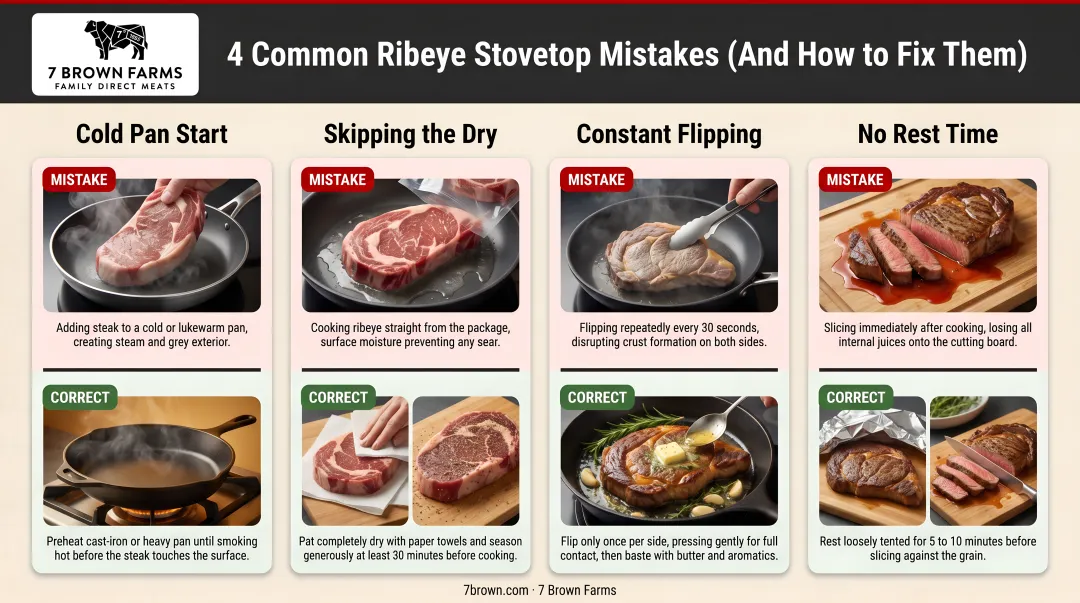 4 common ribeye stovetop mistakes and correct cooking techniques side by side
