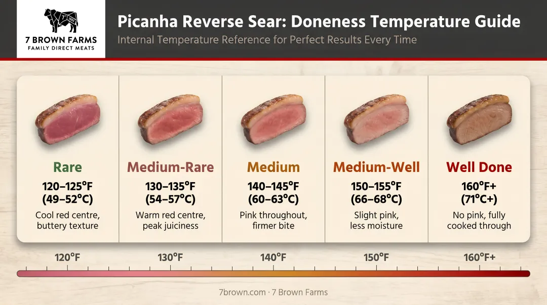 Picanha reverse sear doneness temperature chart from rare to medium-well