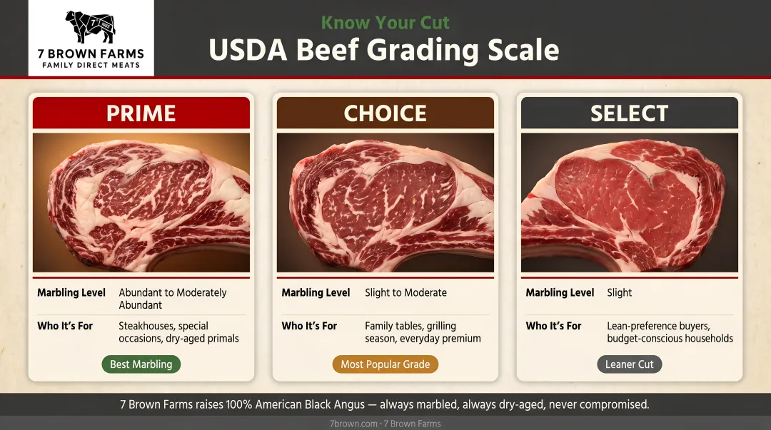 USDA beef grading scale comparing Prime Choice and Select marbling levels