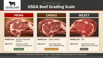 USDA beef grading scale comparing Prime Choice and Select marbling levels