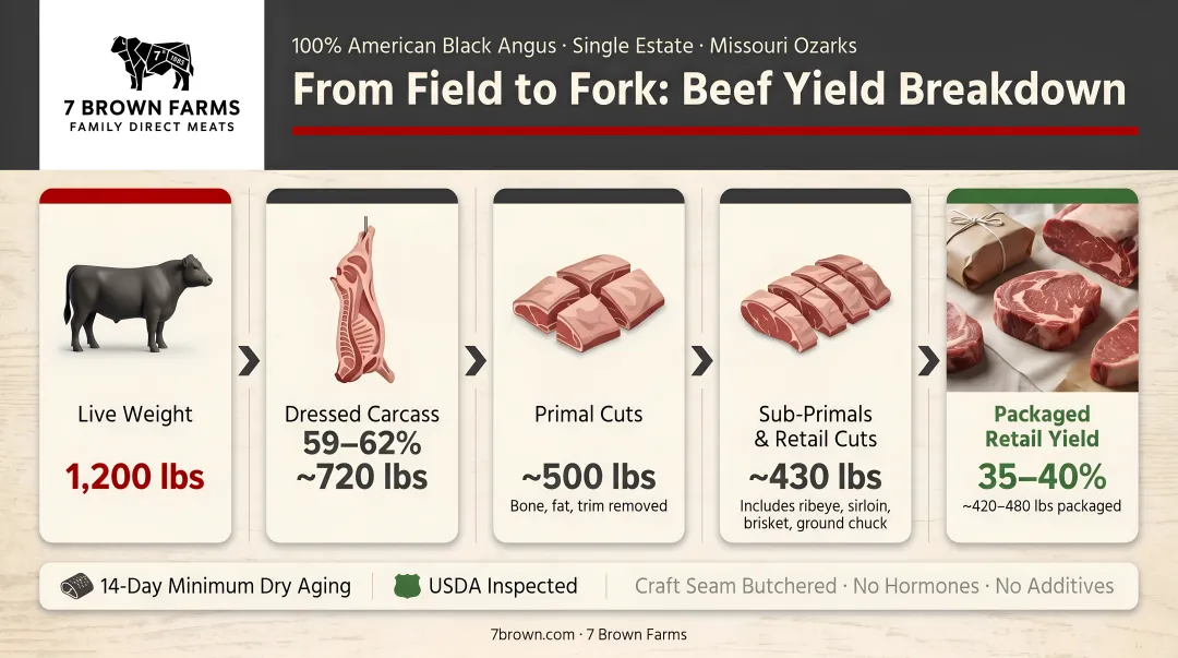 Beef yield breakdown from live weight to packaged retail cuts infographic