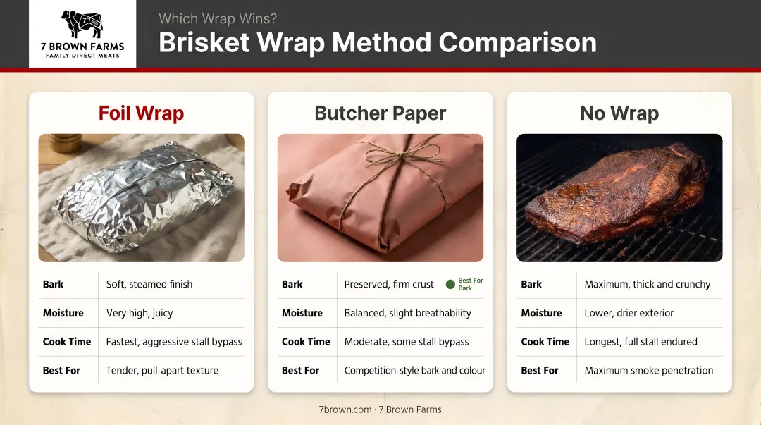 Three brisket wrap methods comparison chart foil butcher paper and no wrap outcomes