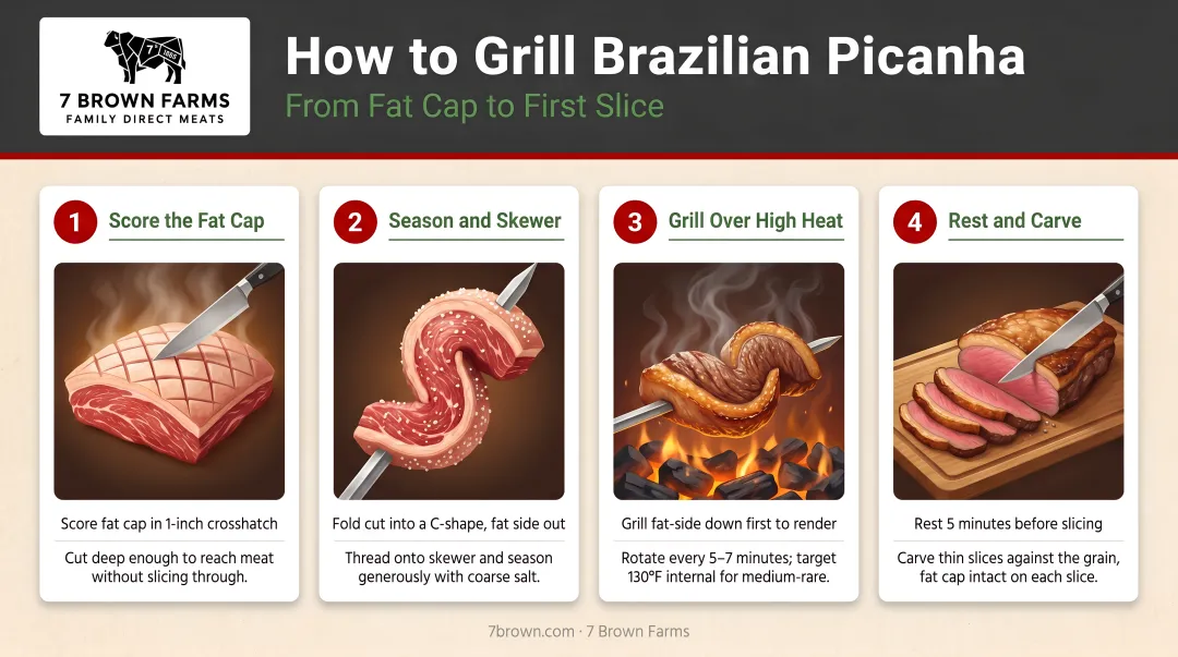 4-step Brazilian picanha grilling process from scoring fat cap to carving
