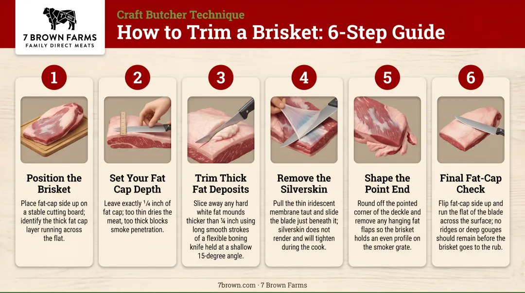 Six-step brisket trimming process infographic with knife technique and fat cap guidance