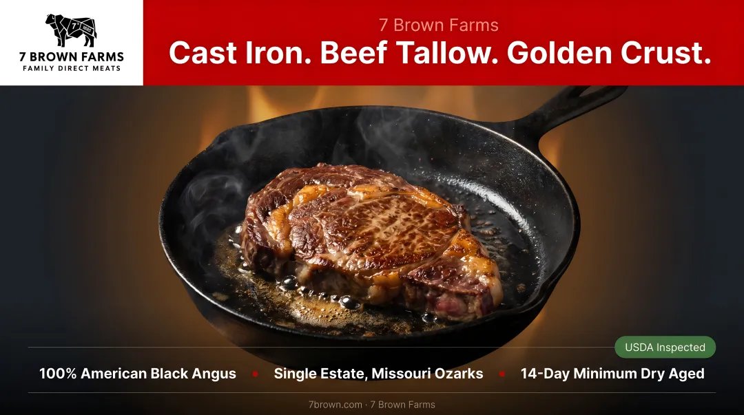 Cast iron skillet searing steak in beef tallow with golden crust
