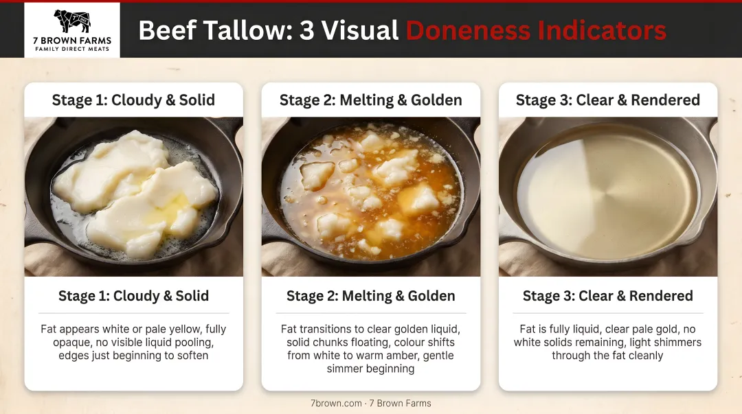 Three visual doneness indicators for properly rendered beef tallow infographic