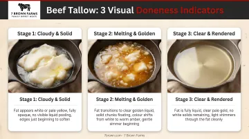 Three visual doneness indicators for properly rendered beef tallow infographic