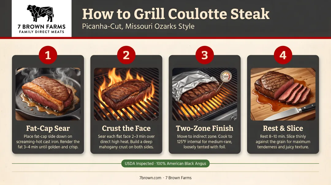 Four-step coulotte steak grilling process from fat-cap sear to two-zone finishing