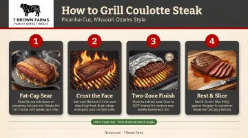 Four-step coulotte steak grilling process from fat-cap sear to two-zone finishing