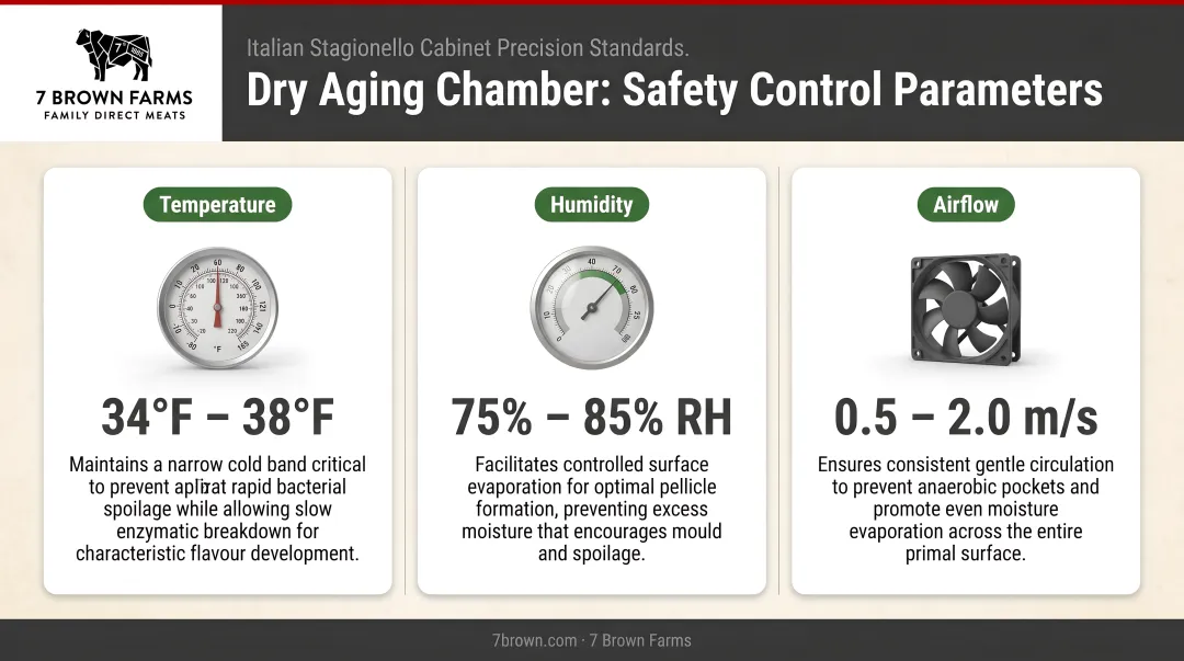 Dry aging chamber three-parameter safety controls temperature humidity airflow infographic