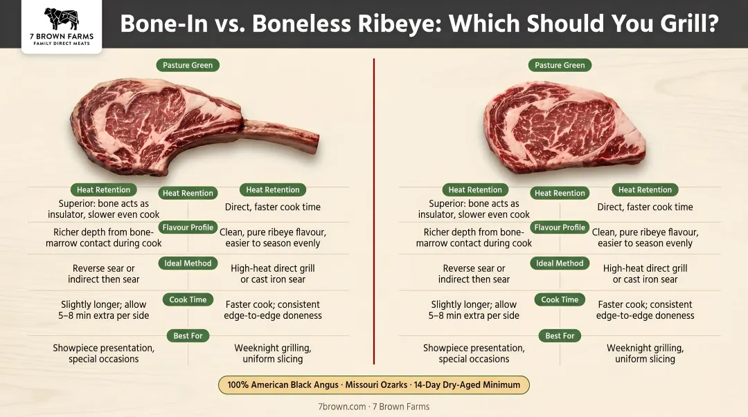 Bone-in versus boneless ribeye grilling comparison side-by-side infographic