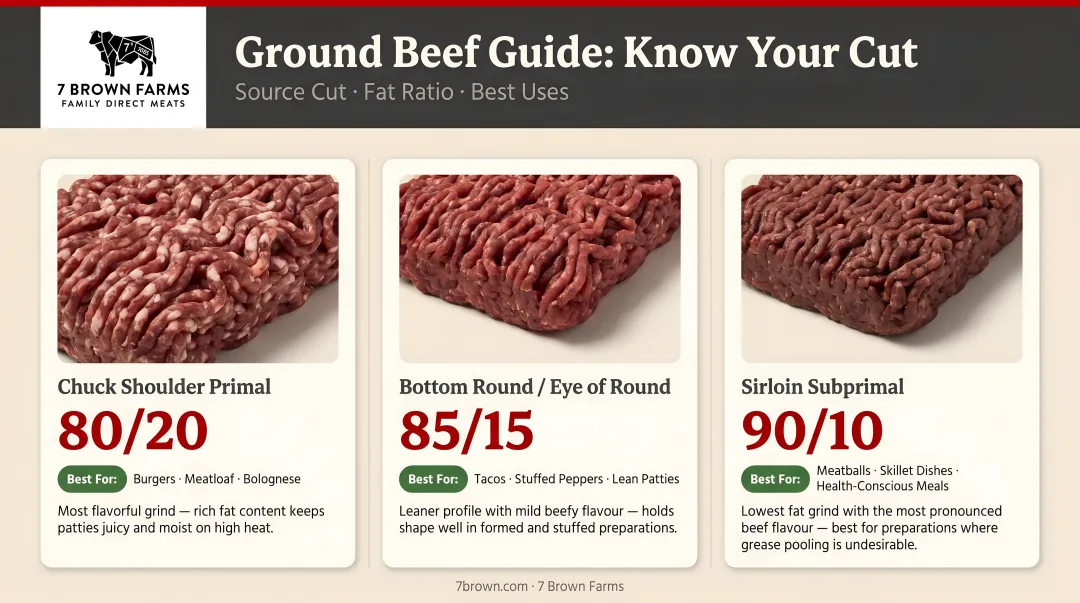 Three ground beef types by source cut fat ratio and best use cases