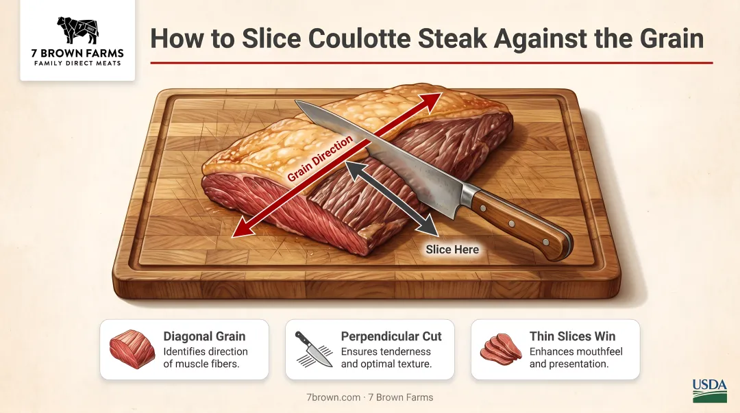 Slicing coulotte steak against diagonal grain on wooden cutting board