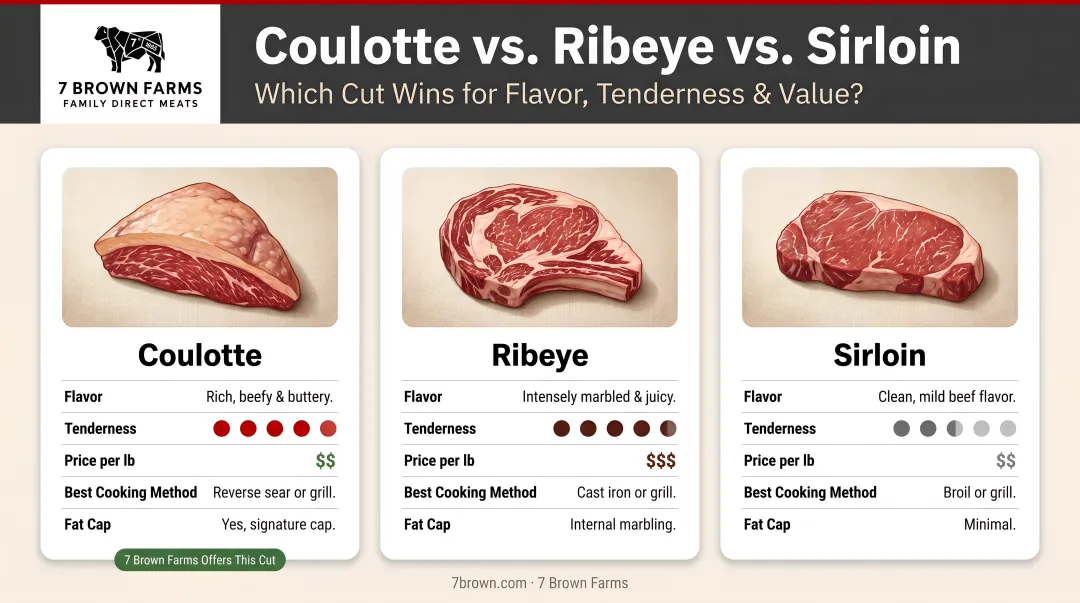 Coulotte steak versus ribeye and sirloin flavor tenderness and price comparison chart