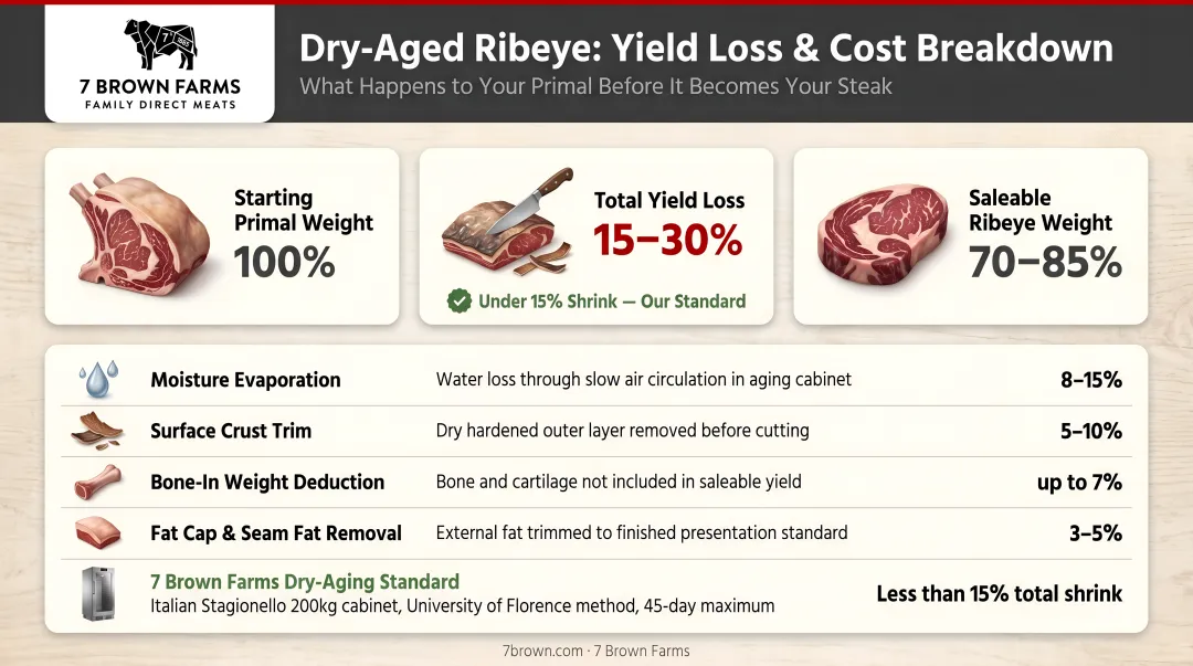 Dry-aged ribeye yield loss breakdown showing cost factors and saleable weight percentage