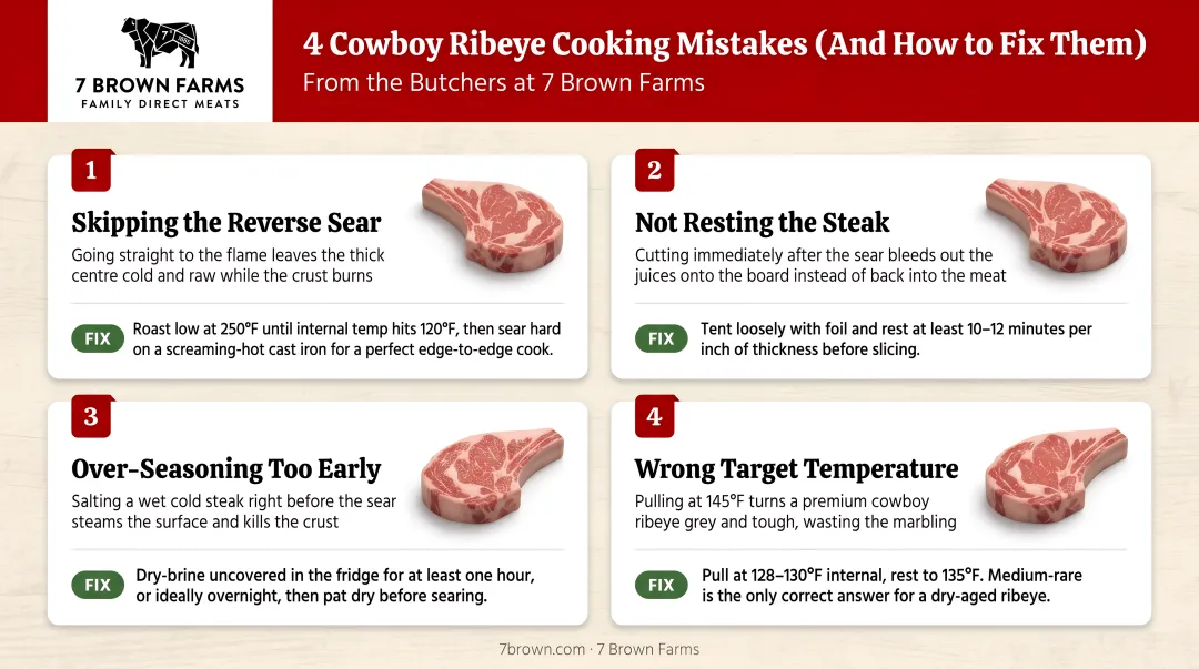 Four common cowboy ribeye cooking mistakes infographic with fixes for each error