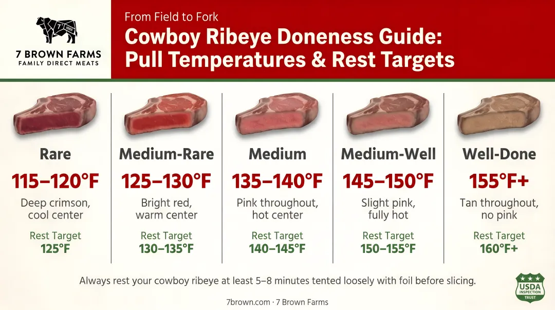 Cowboy ribeye doneness temperature pull chart from rare to medium-well