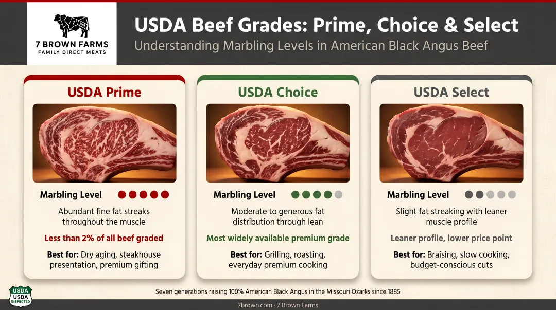 USDA beef grading comparison chart showing Prime Choice Select marbling levels