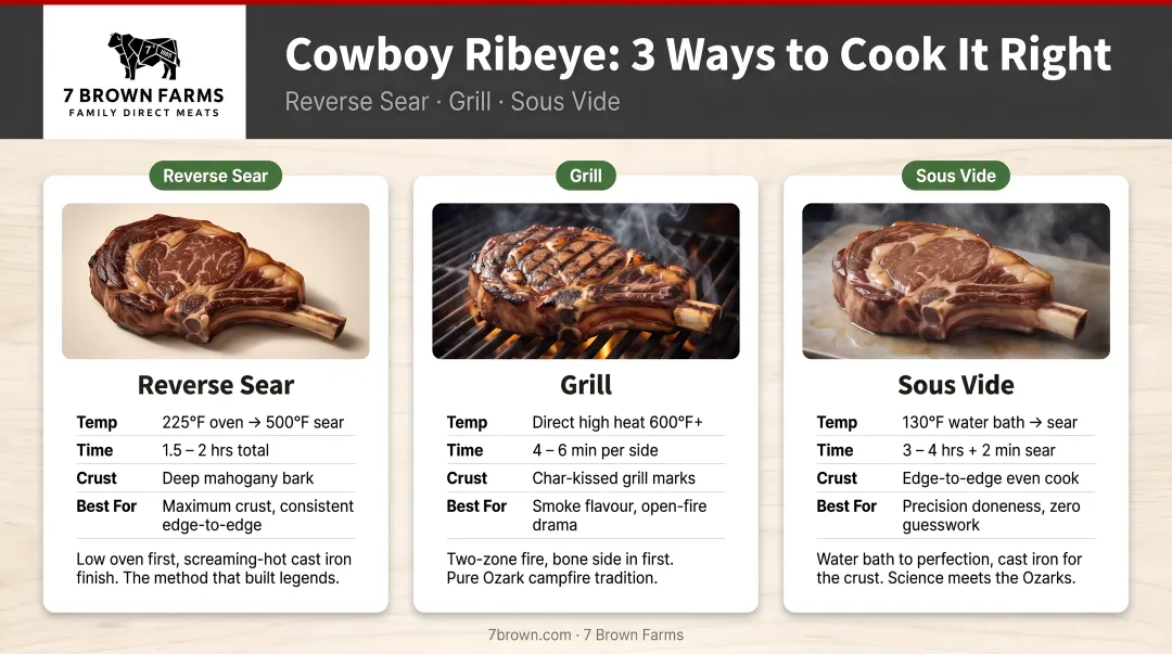 Three cowboy ribeye cooking methods comparison reverse sear grill sous vide side by side