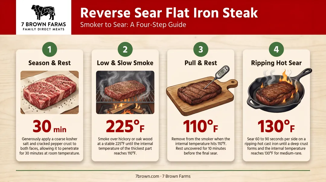 Four-step reverse sear flat iron steak process from smoker to sear finish