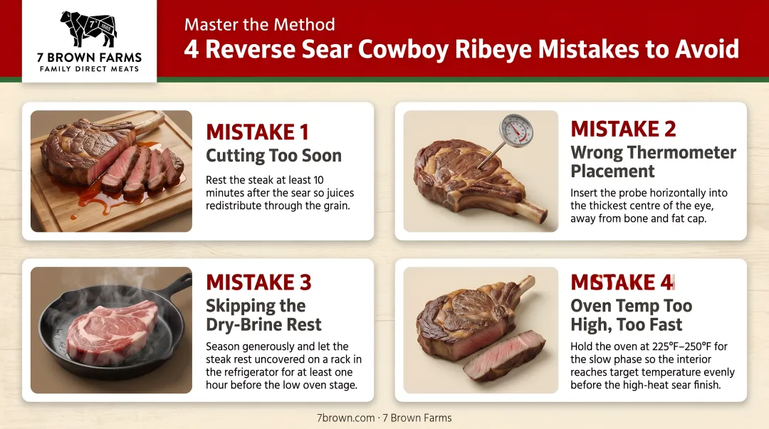 Four common reverse sear cowboy ribeye mistakes to avoid infographic
