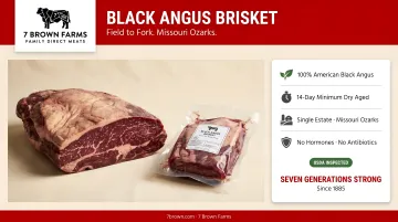 7 Brown Farms Black Angus brisket showing visible marbling and packaging ready to ship