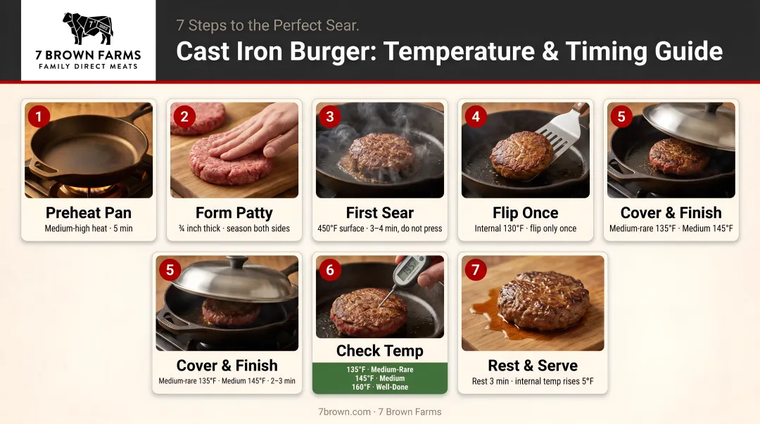 7-step cast iron burger cooking sequence with temperature and timing guide