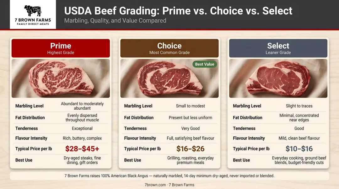 USDA beef grading tiers Prime Choice Select marbling and price comparison chart