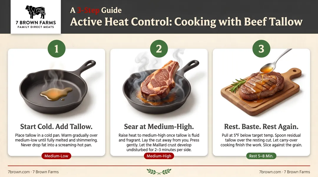 Three-step active heat control guide for cooking with beef tallow