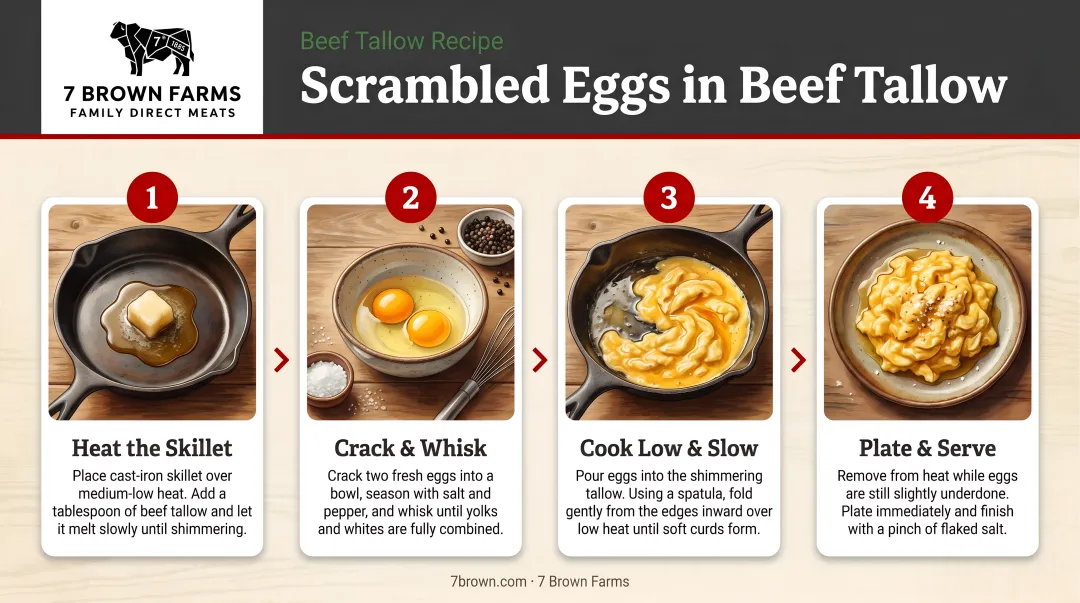 4-step scrambled eggs with beef tallow cooking process flow infographic