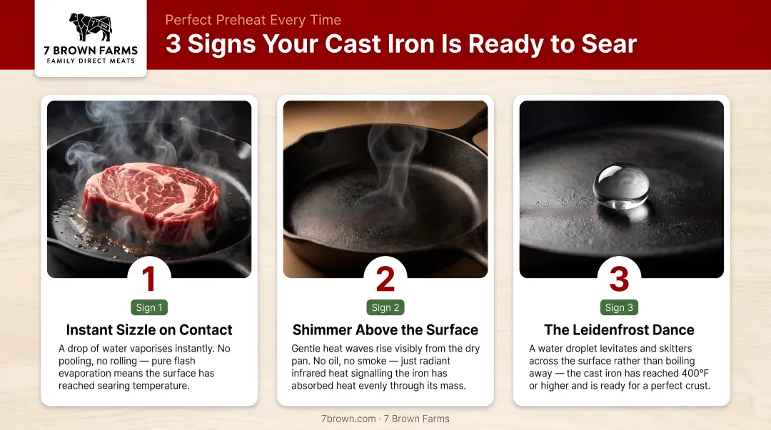 Three signs cast iron skillet is properly preheated for searing steak