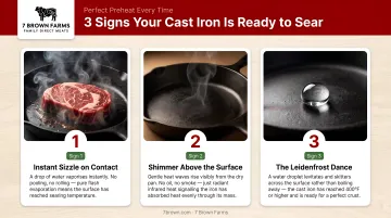 Three signs cast iron skillet is properly preheated for searing steak