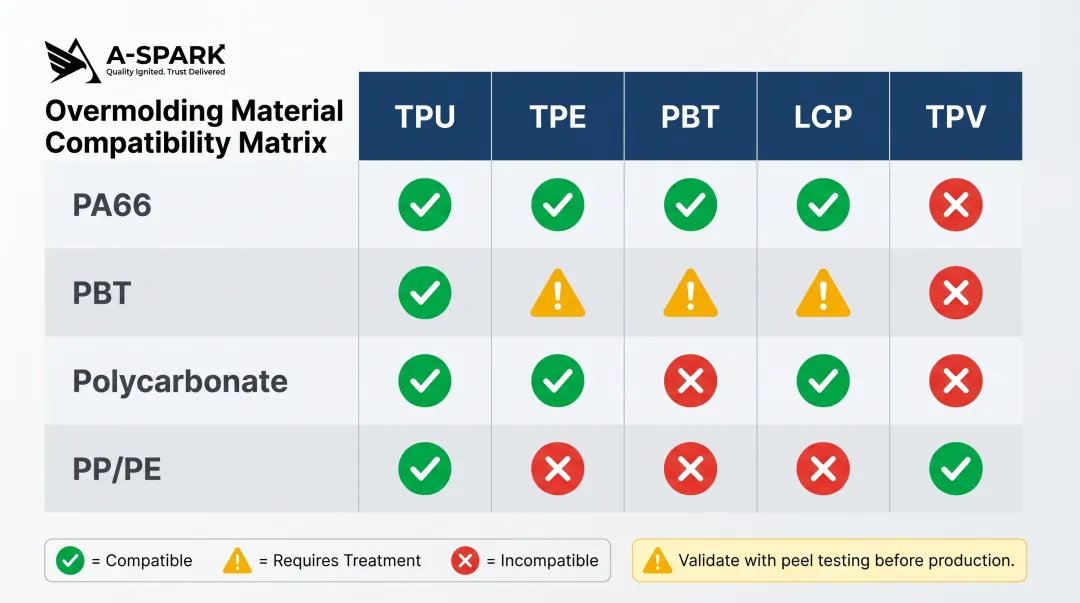 Automotive overmold material compatibility matrix pairing substrates to overmold polymers