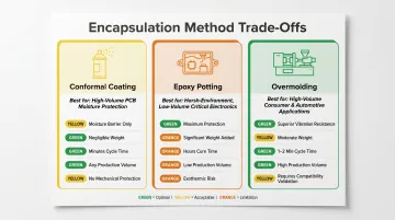 Overmolding versus conformal coating versus epoxy potting comparison by key attributes