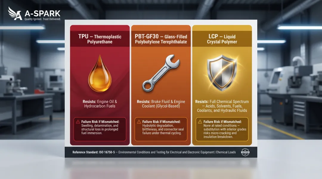 Automotive chemical exposure guide matching overmold materials to fluid types