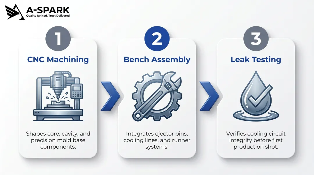 Three-stage injection mold fabrication process from CNC machining to leak testing